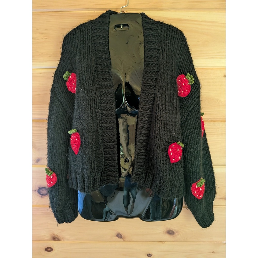 Strawberry Cardigan S Cottagecore Crochet 3D Chunky Knit Whimsical Cozy Fruit